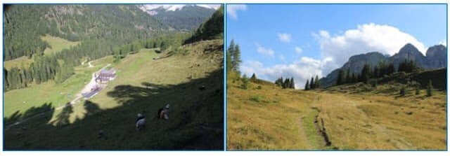 Looking Back on Malga Vescova (Left) and Looking Forward to Trek to Rifugio Coldai (Right)