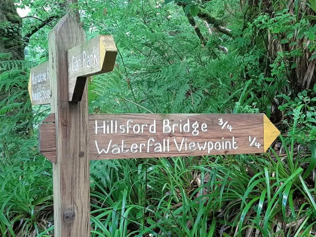 waterfall viewpoint signpost on the watersmeet walk