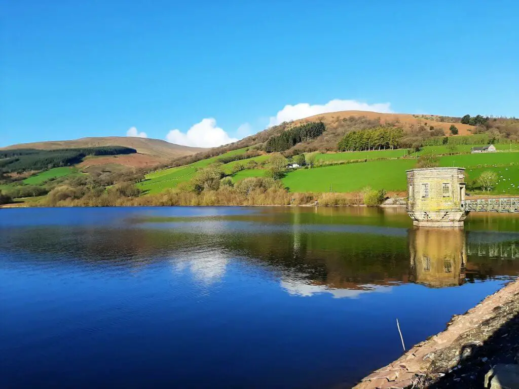 talybont reservoir and the green hills to the west