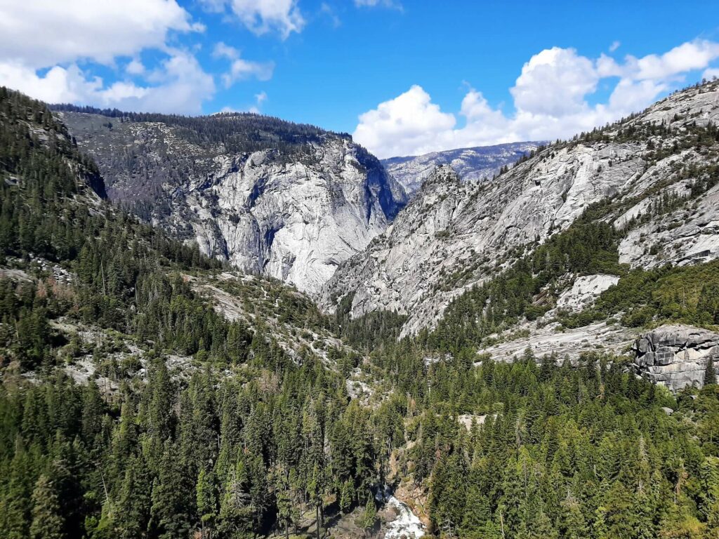 view of the valley and peaks from nevada fall