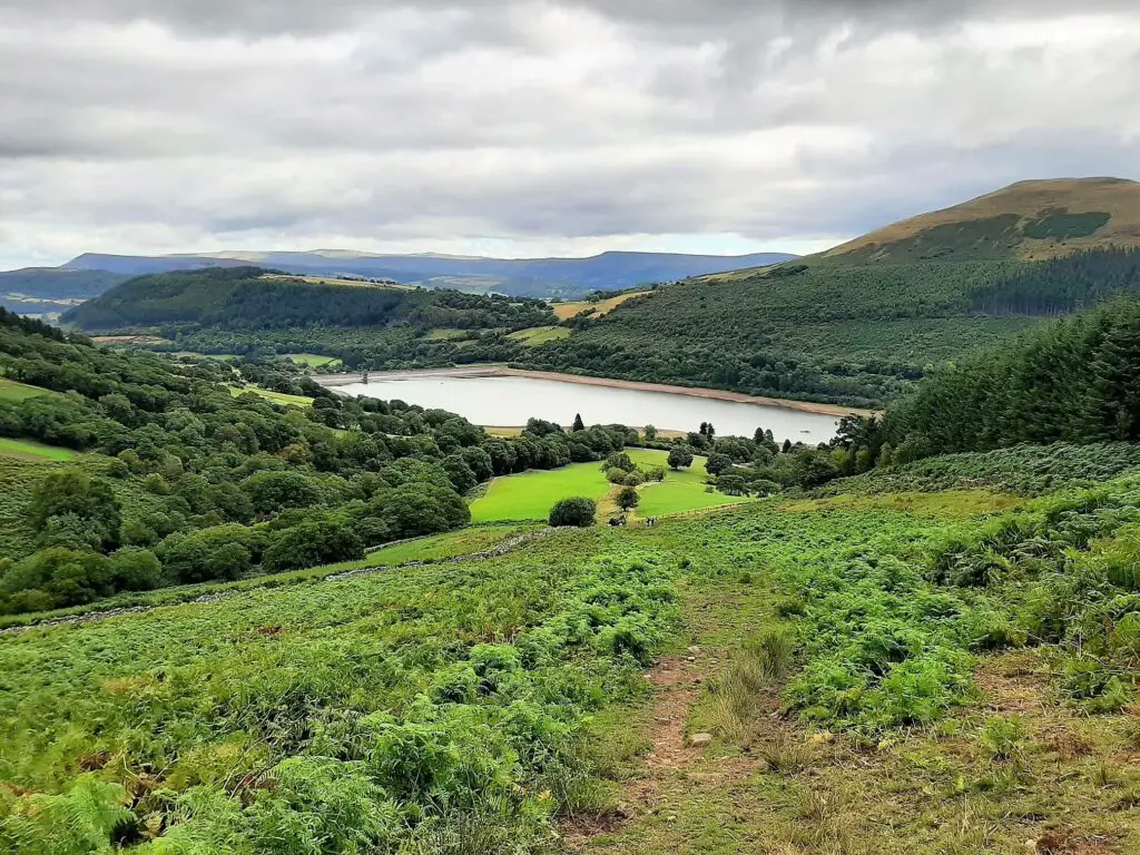 view of talybont reservoir from the carn pica walk